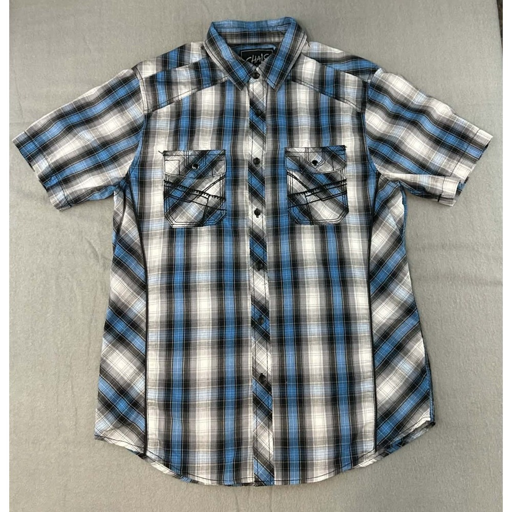 CHALC Y2K Plaid Button Up Shirt‎ Blue Gray Mens Medium